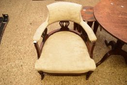 LATE 19TH CENTURY BOW BACK ARMCHAIR UPHOLSTERED IN MUSHROOM COLOUR FABRIC, 70CM HIGH