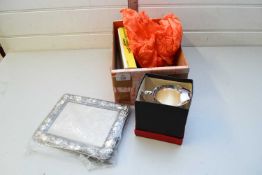 BOX OF MIXED ITEMS TO INCLUDE SILVER PLATED JUG, PROFESSIONAL READING GLASS, BRASS NUTCRACKERS