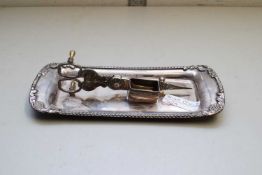 SILVER PLATED CANDLE SNUFFER AND ACCOMPANYING TRAY