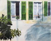 Ilana Richardson, British, 20th Century, ‘Green Shutters, France’. Watercolour on paper, signed ,