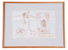 Derek Inwood, British 20th Century, ‘Hail to Thee Goddess of Love’. Pen, wash on paper, signed ,