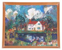 John Trudgill, 20th Century, British, house by a lake scene, signed. , 15.5 x 19 ins