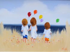 Michelle Carlin, Irish Contemporary ‘Three at the Beach’. Oil on board, signed , 12x15ins.