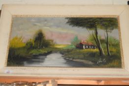 20TH CENTURY SCHOOL, STUDY OF A RIVERSIDE COTTAGE, OIL ON CANVAS, IN A WHITE FRAME, INDISTINCTLY