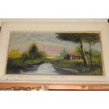 20TH CENTURY SCHOOL, STUDY OF A RIVERSIDE COTTAGE, OIL ON CANVAS, IN A WHITE FRAME, INDISTINCTLY