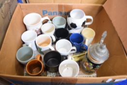 BOX OF MIXED DECORATED MUGS