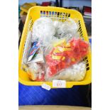 THREE SMALL PLASTIC BASKETS CONTAINING VARIOUS CHILDRENS TOYS ETC