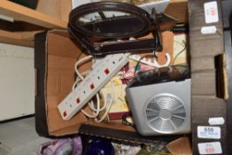 BOX OF MIXED ITEMS, ROBERTS RADIO, PLACE MATS, MIRROR ETC