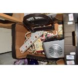 BOX OF MIXED ITEMS, ROBERTS RADIO, PLACE MATS, MIRROR ETC