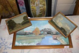 JANE HODGSON, SNOW AT BUXTON MILL, OIL ON BOARD IN GILT FRAME TOGETHER WITH TWO FURTHER SMALL