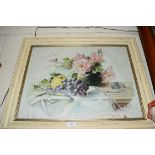 STILL LIFE STUDY OF FLOWERS AND FRUIT, OIL ON CANVAS, SIGNED ISMA LEVERE, SET IN A PAINTED FRAME