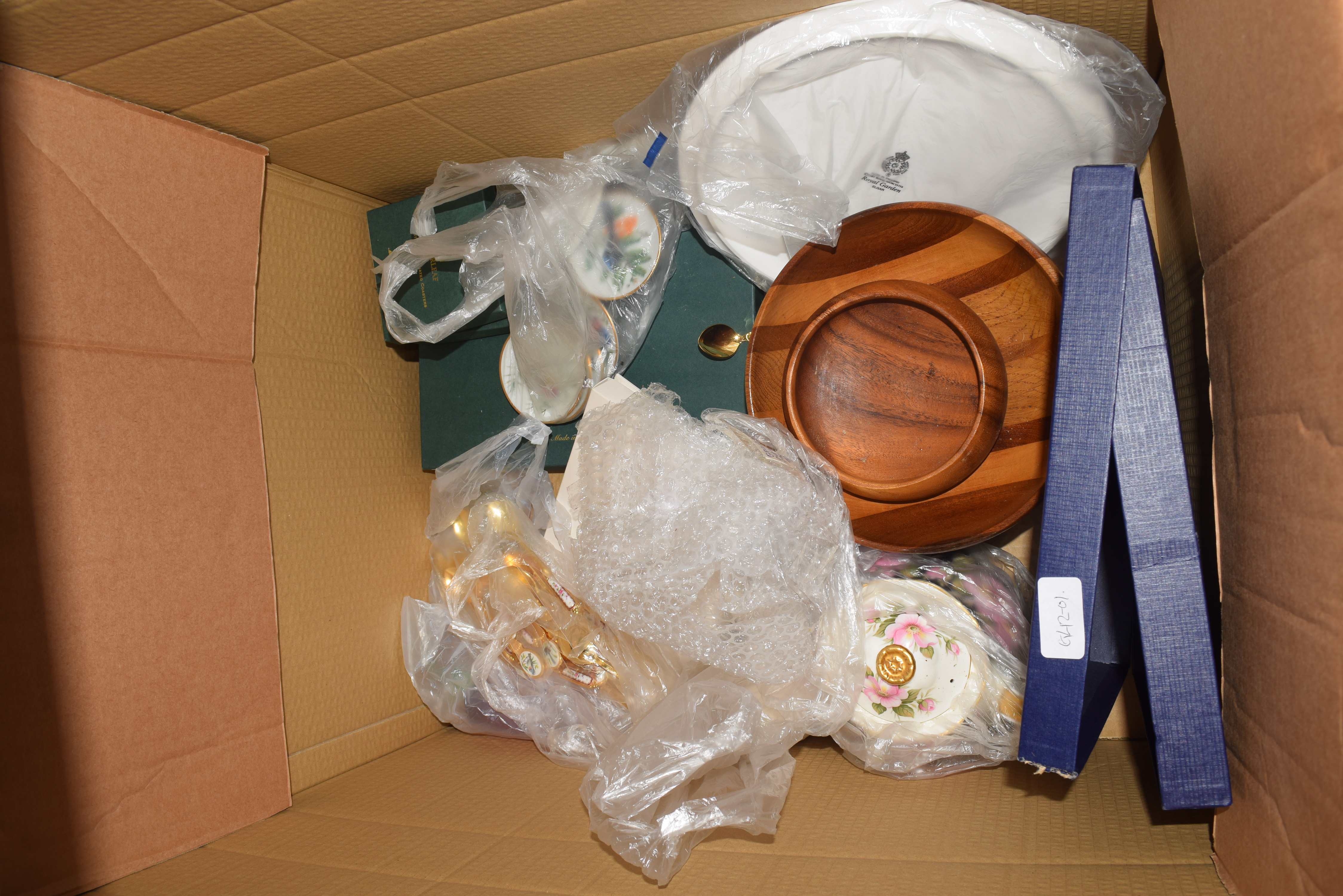 BOX OF TEA WARES, GILT DECORATED SPOONS, ROYAL WORCESTER CAKE STAND, WOODEN BOWLS ETC