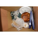 BOX OF TEA WARES, GILT DECORATED SPOONS, ROYAL WORCESTER CAKE STAND, WOODEN BOWLS ETC