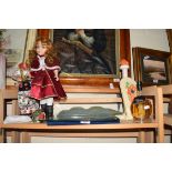 MIXED LOT OF PORCELAIN HEADED DOLLS, A WHISKY SHIP IN A BOTTLE, COLMANS MUSTARD PLACE MATS ETC