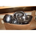 BOX OF STEEL KITCHEN WARES TO INCLUDE OLD HALL