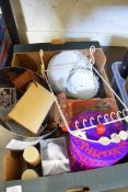 BOX OF MIXED ITEMS TO INCLUDE CAKE STAND, VINTAGE MINCER, TINS, CANDLES ETC