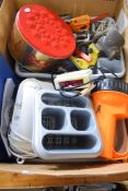 BOX OF KITCHEN WARES, TELEPHONE, TORCH ETC