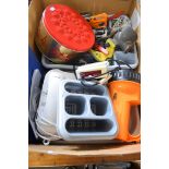 BOX OF KITCHEN WARES, TELEPHONE, TORCH ETC