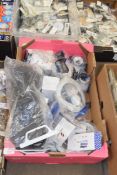 BOX OF HARDWARE STORE SUNDRIES TO INCLUDE LIGHT FITTINGS, CABLES ETC