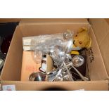 BOX OF MIXED ITEMS TO INCLUDE VINTAGE TEDDY BEAR, VANITY BRUSHES, SINGER SHIRT MARKER, DRESSING