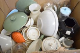 BOX OF MIXED TEA WARES, GLASS VASES, DINNER WARES ETC