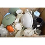 BOX OF MIXED TEA WARES, GLASS VASES, DINNER WARES ETC