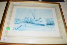 AFTER JOHN INSALL, BEACHED BOATS, COLOURED PRINT, F/G