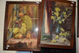 TWO STILL LIFE STUDIES OF FLOWERS IN INTERIOR SCENES, OAK F/G, 80CM HIGH