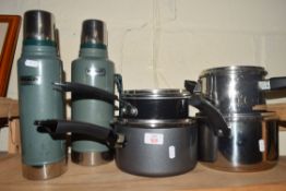 MIXED LOT VARIOUS SAUCEPANS, THERMOS TYPE FLASKS ETC