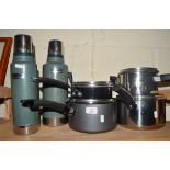 MIXED LOT VARIOUS SAUCEPANS, THERMOS TYPE FLASKS ETC