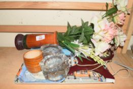 MIXED LOT OF FAKE FLOWERS, GLASS ASHTRAYS ETC