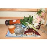 MIXED LOT OF FAKE FLOWERS, GLASS ASHTRAYS ETC