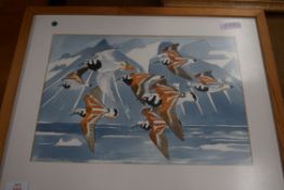 A STUDY OF TURNSTONES, INK AND WATERCOLOUR, F/G, 54CM WIDE