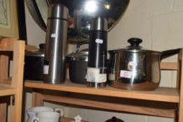MIXED LOT OF SAUCEPANS AND THERMOS TYPE FLASKS