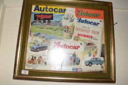 DECOUPAGE PICTURE MADE OF MOTORCYCLE ADVERTS, GILT FRAMED, 57CM WIDE