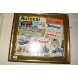 DECOUPAGE PICTURE MADE OF MOTORCYCLE ADVERTS, GILT FRAMED, 57CM WIDE