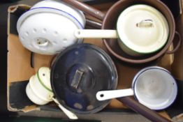 BOX OF ENAMEL FINISH SAUCEPANS