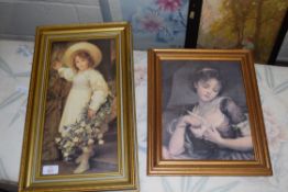 TWO GILT FRAMED COLOURED PRINTS OF FEMALE FIGURES