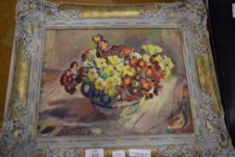 STILL LIFE STUDY OF A VASE OF POLYANTHUS, OIL ON CANVAS, UNSIGNED, GILT FRAMED, 48CM WIDE