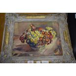 STILL LIFE STUDY OF A VASE OF POLYANTHUS, OIL ON CANVAS, UNSIGNED, GILT FRAMED, 48CM WIDE