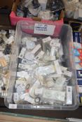 BOX OF AS NEW HARDWARE SUPPLIES TO INCLUDE TOWEL HOLDER BRACKETS, UNIVERSAL PLUGS ETC