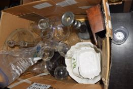 BOX OF MIXED DECANTERS, DRINKING GLASSES, PEWTER CANDLESTICK, WOODEN CHOPPING BOARD ETC