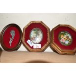 PAIR OF MINIATURE PICTURES IN OCTAGONAL GILT FRAMES, TOGETHER WITH A FURTHER PEWTER PLAQUE OF A