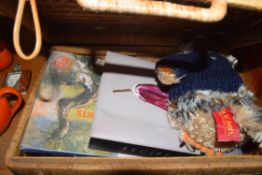 SMALL WICKER CASE CONTAINING A LIFEBOAT TOY OWL, RECIPE BOOK AND OTHER ITEMS