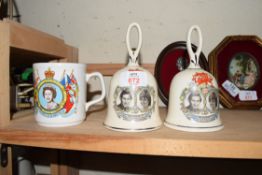 TWO PRINCE CHARLES AND DIANA ROYAL WEDDING POTTERY BELLS AND A FURTHER QUEEN ELIZABETH SILVER