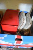 BOX OF MIXED ITEMS, BREAD BIN, PORCELAIN HEADED DOLL, CUSHIONS