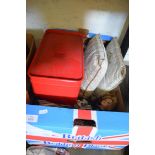 BOX OF MIXED ITEMS, BREAD BIN, PORCELAIN HEADED DOLL, CUSHIONS