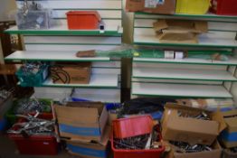LARGE LOT OF VARIOUS WHITE AND GREEN FINISH SHOP SHELVING UNITS TOGETHER WITH AN EXTENSIVE QTY OF