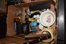 BOX OF MIXED WARES TO INCLUDE MINIATURE JASPERWARE CUP AND SAUCER, SMALL BRETBY VASE, VARIOUS