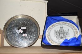 AYNSLEY PLATE COMMEMORATING 1000 YEARS OF ENGLISH MONARCHY TOGETHER WITH A SILVER PLATED SERVING